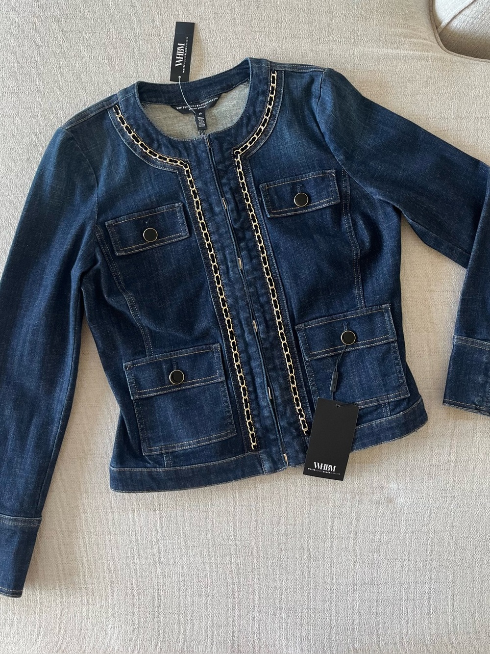 NWT - Size 10 White House Black Market Dark Blue Denim Jacket with Chain Trim